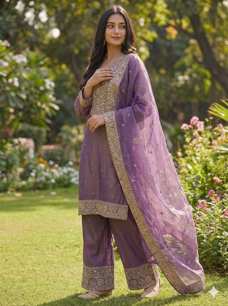 New Fendy Silk Embroidered Plazo Set