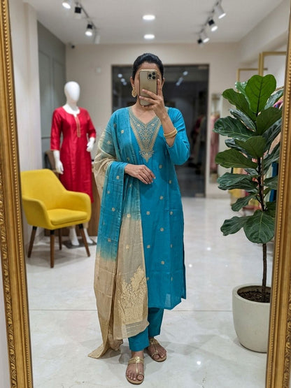 Festive Roman Silk Kurta Set With Chanderi Dupatta