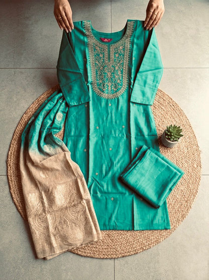 Festive Roman Silk Kurta Set With Chanderi Dupatta