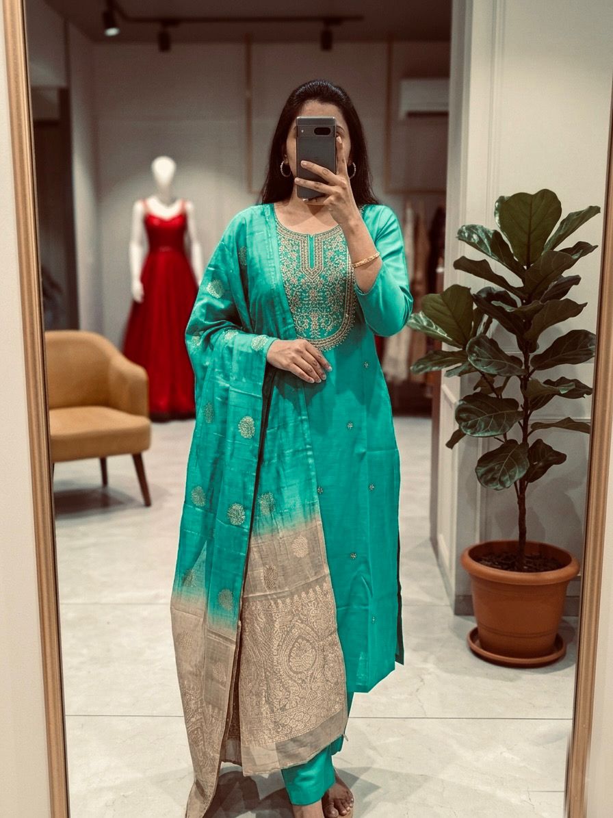 Festive Roman Silk Kurta Set With Chanderi Dupatta