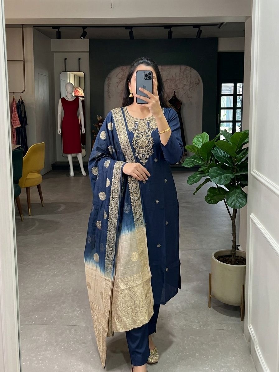 Festive Roman Silk Kurta Set With Chanderi Dupatta