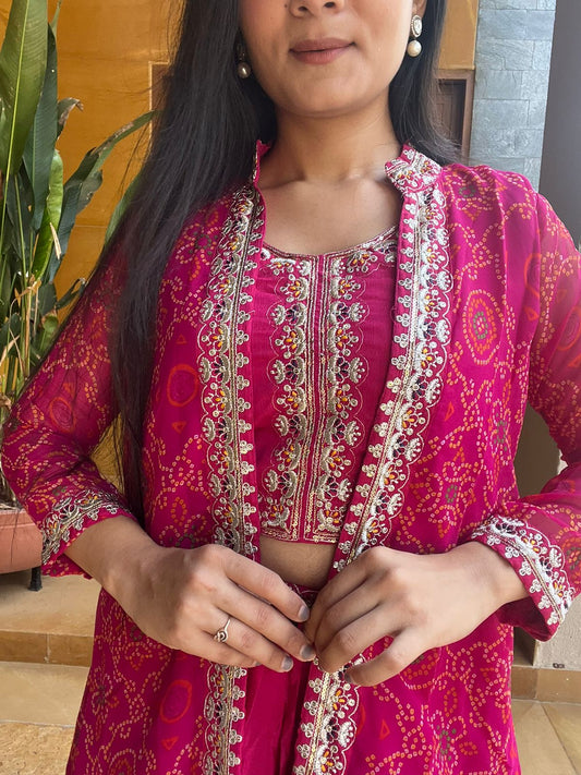 Festive Bandhej Lehenga Choli And Shrug Set