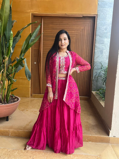 Festive Bandhej Lehenga Choli And Shrug Set