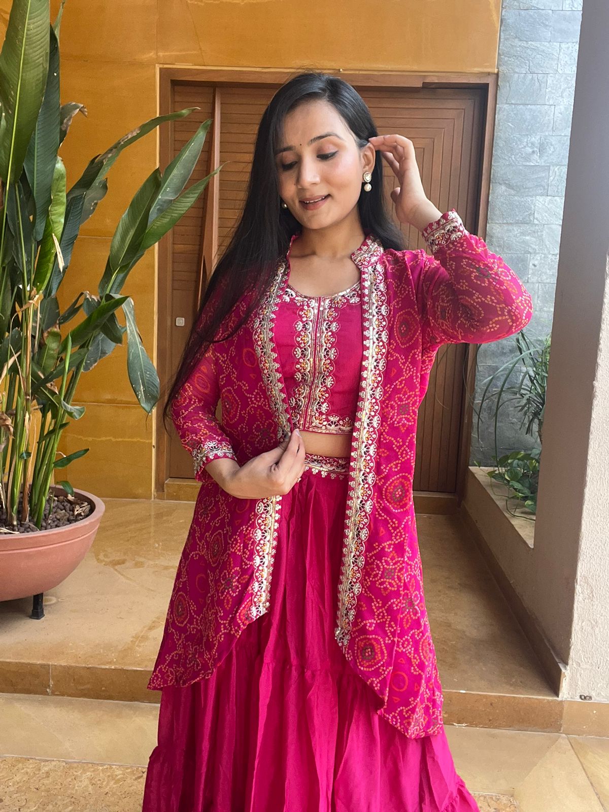 Festive Bandhej Lehenga Choli And Shrug Set