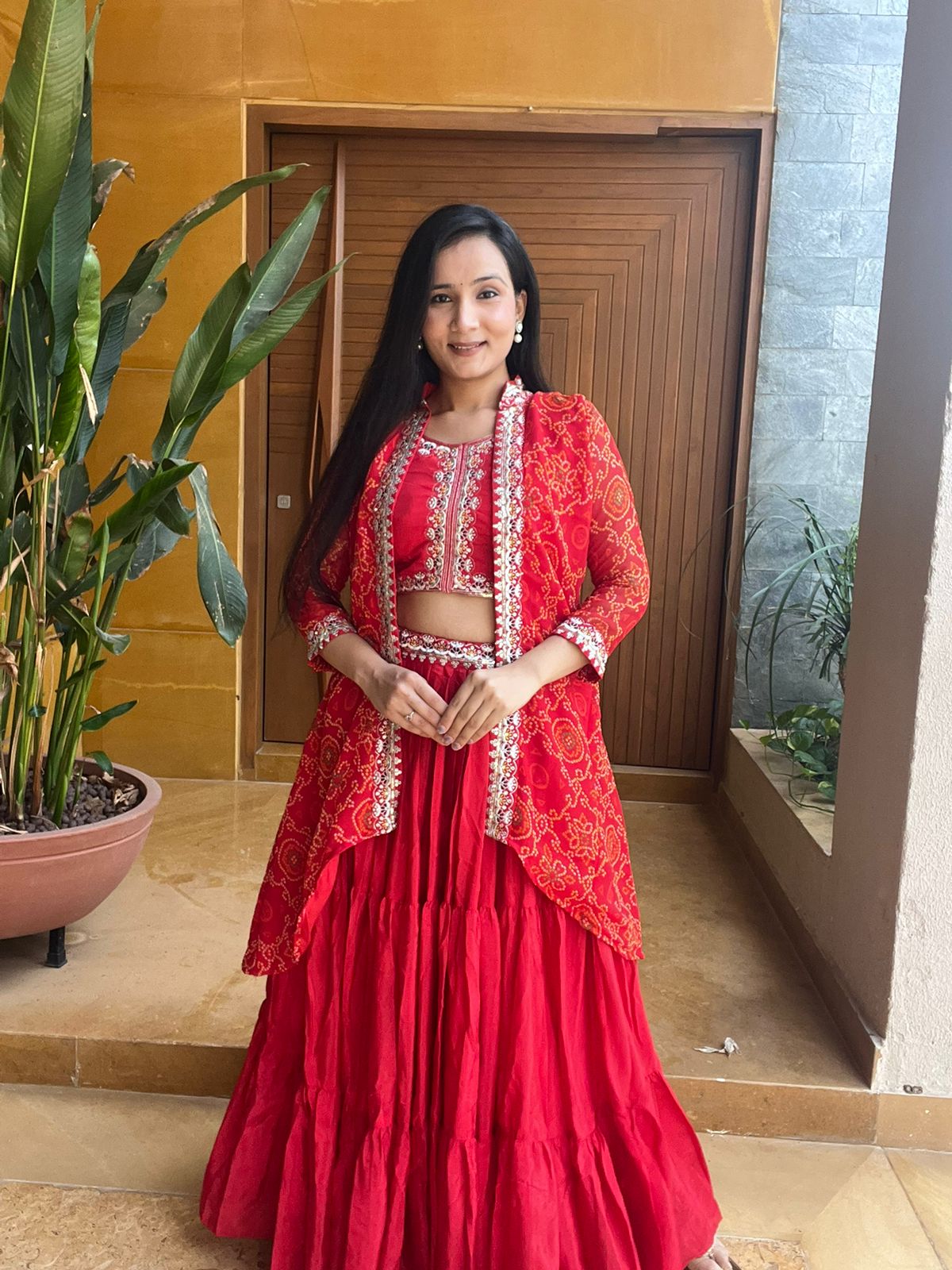 Festive Bandhej Lehenga Choli And Shrug Set