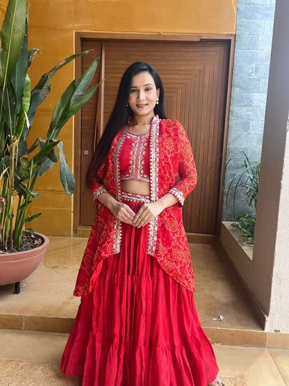 Festive Bandhej Lehenga Choli And Shrug Set