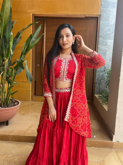 Festive Bandhej Lehenga Choli And Shrug Set