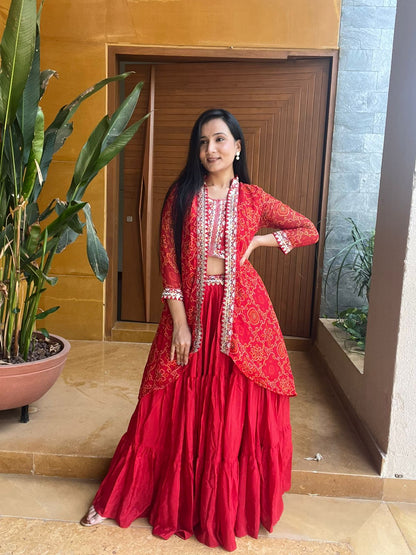 Festive Bandhej Lehenga Choli And Shrug Set