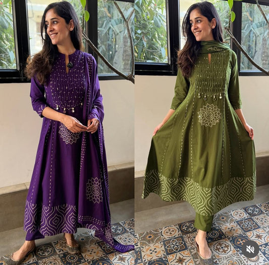 Stylish Discharge Print A-line Kurta 3-Piece Set