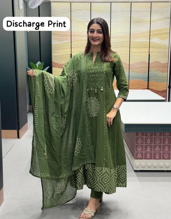 Stylish Discharge Print A-line Kurta 3-Piece Set