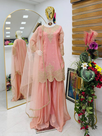 Designer Party Wear Top Palazzo And Dupatta Set