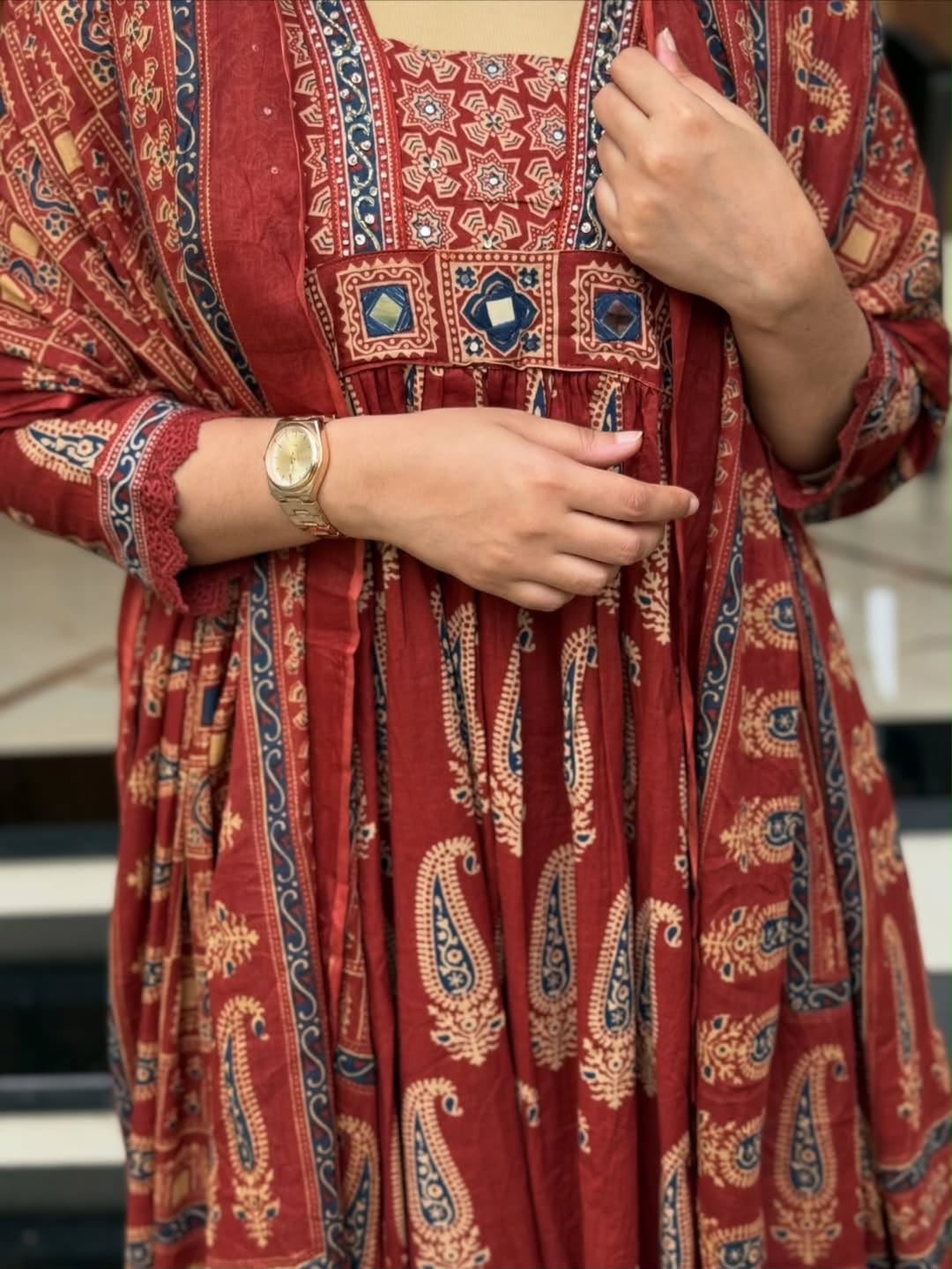 Stylish Printed Mirror Work Cotton Kurta 3-Piece Set