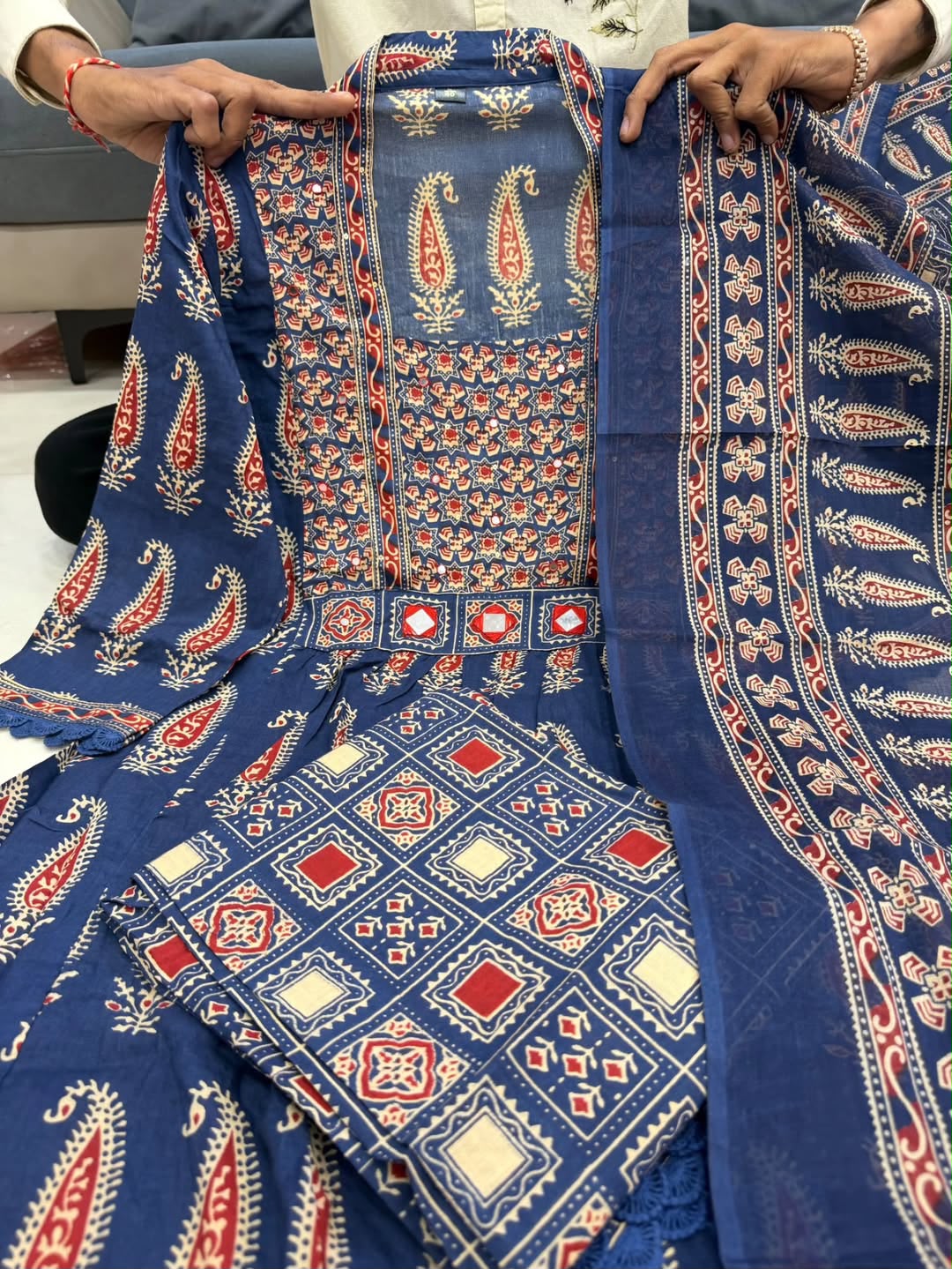 Stylish Printed Mirror Work Cotton Kurta 3-Piece Set