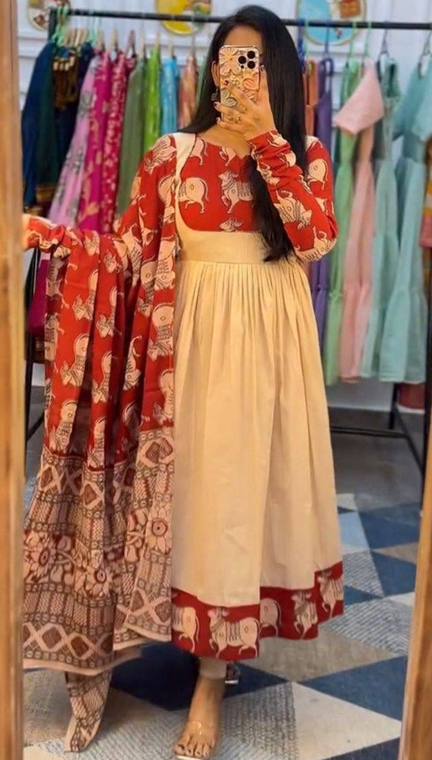 Exclusive Kamdhenu Theme Kalamkari Cotton Kurta Set