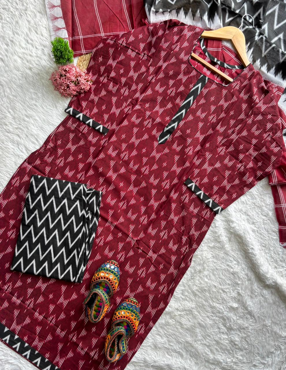 Premium Ikkat Print Cotton Kurta 3-Piece Set