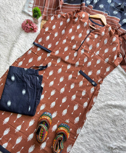 Premium Ikkat Print Cotton Kurta 3-Piece Set