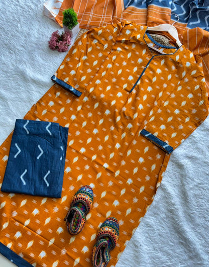 Premium Ikkat Print Cotton Kurta 3-Piece Set