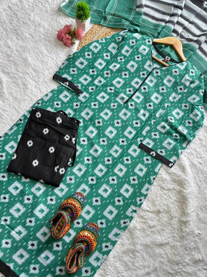 Premium Ikkat Print Cotton Kurta 3-Piece Set