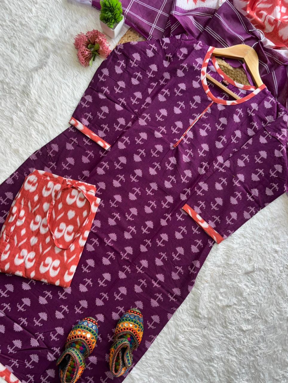 Premium Ikkat Print Cotton Kurta 3-Piece Set