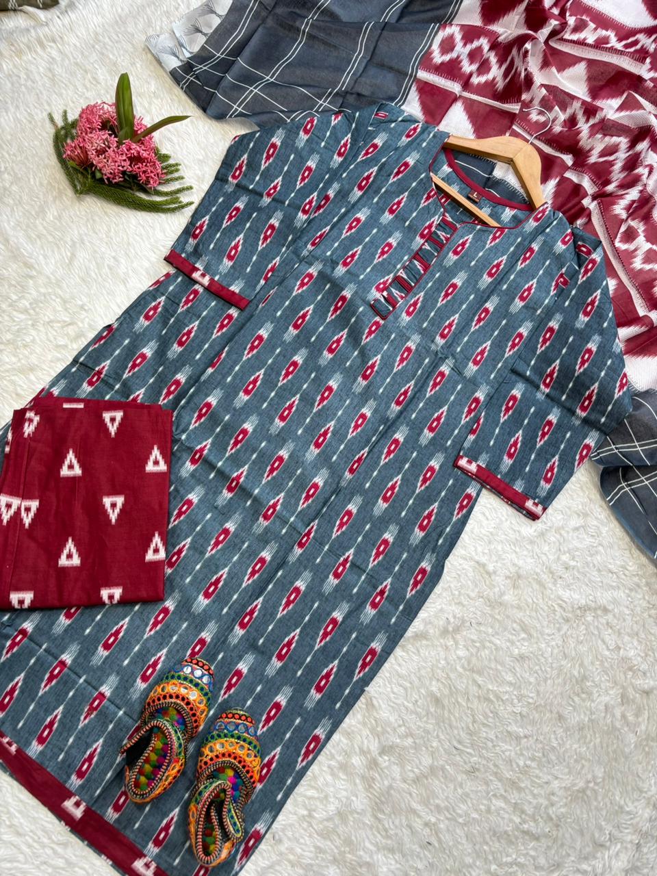 Premium Ikkat Print Cotton Kurta 3-Piece Set