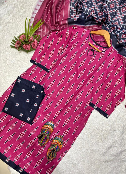 Premium Ikkat Print Cotton Kurta 3-Piece Set