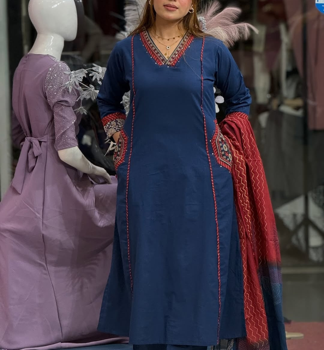 Charming Blue Cotton Kurta Dupatta Set