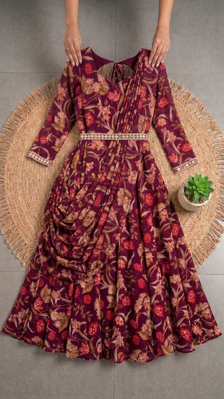 Indo-Western Pallu-Style Draped Gown