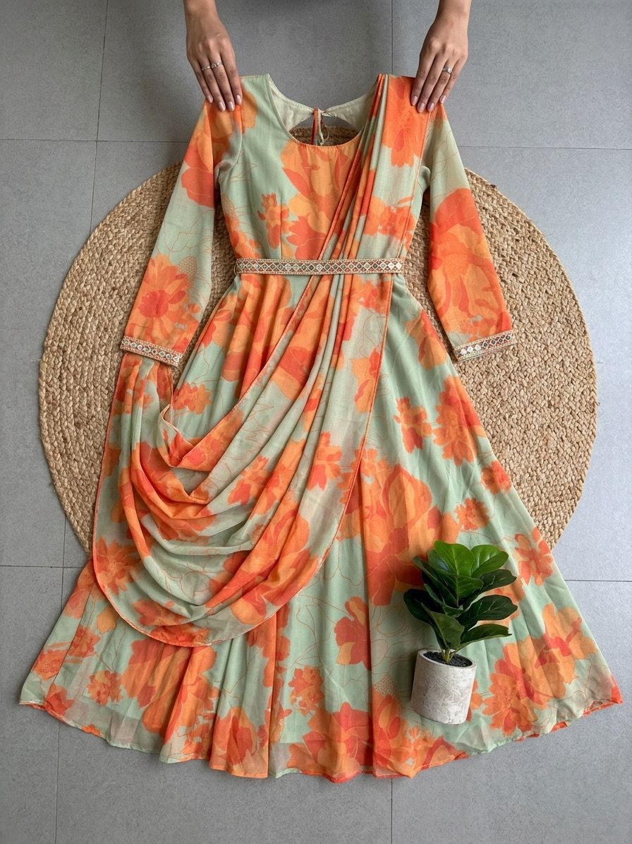 Indo-Western Pallu-Style Draped Gown