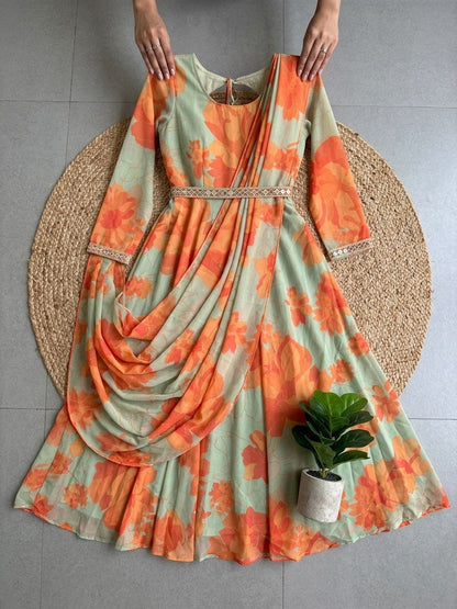 Indo-Western Pallu-Style Draped Gown