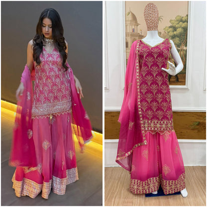 Stylish Pink Embroidered Kurti Palazzo Set