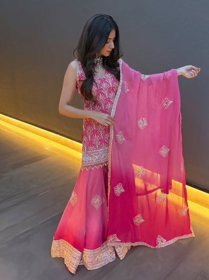 Stylish Pink Embroidered Kurti Palazzo Set