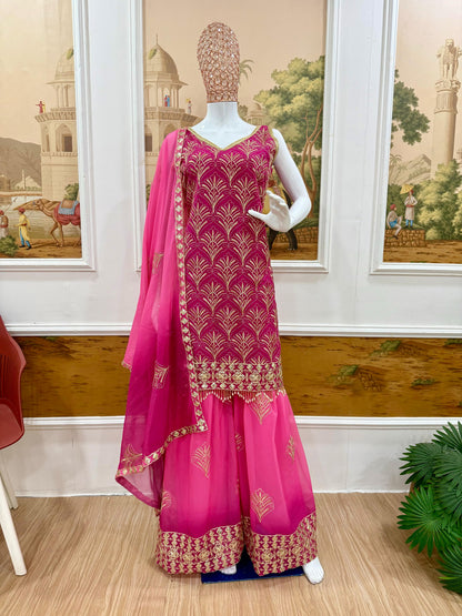 Stylish Pink Embroidered Kurti Palazzo Set