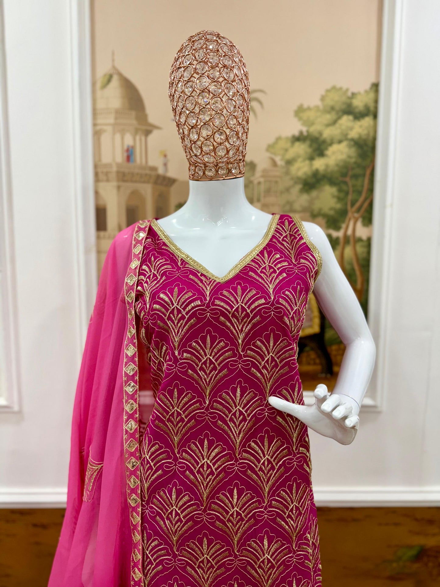 Stylish Pink Embroidered Kurti Palazzo Set