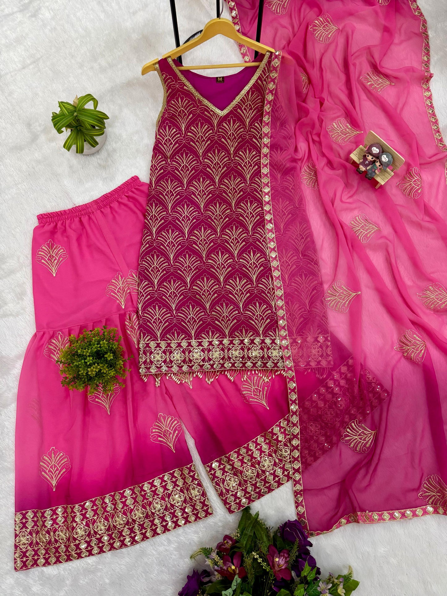 Stylish Pink Embroidered Kurti Palazzo Set