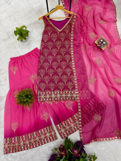 Stylish Pink Embroidered Kurti Palazzo Set