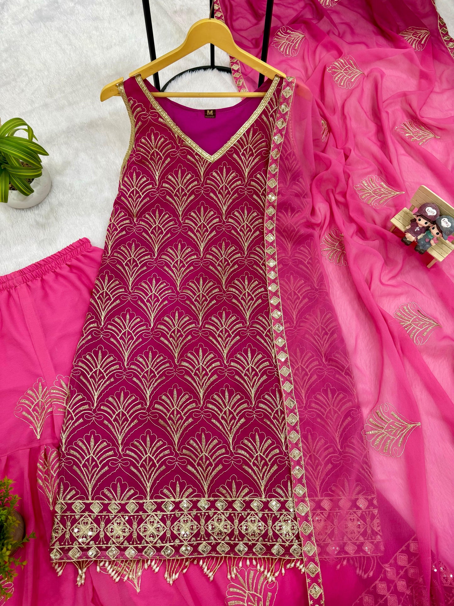 Stylish Pink Embroidered Kurti Palazzo Set
