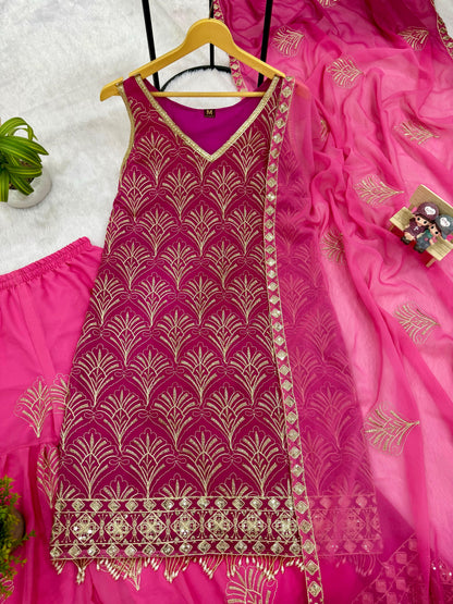 Stylish Pink Embroidered Kurti Palazzo Set