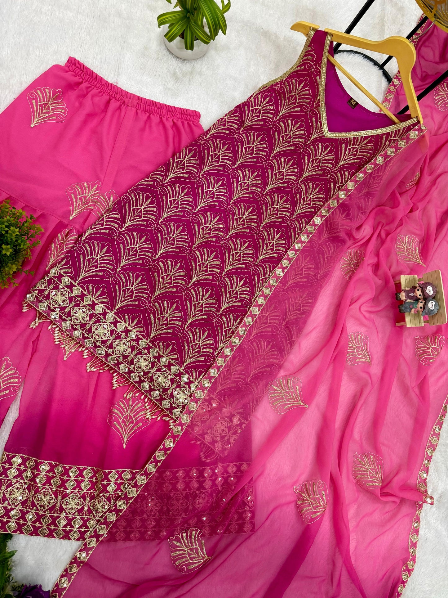 Stylish Pink Embroidered Kurti Palazzo Set