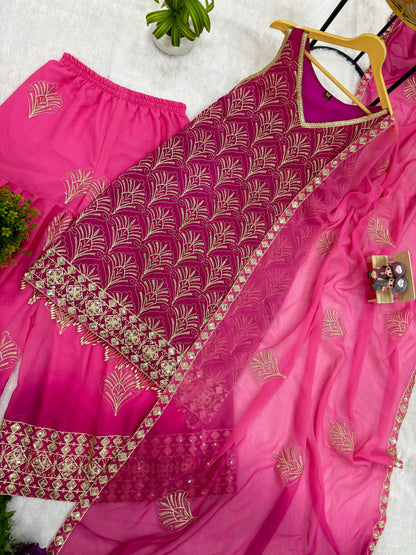 Stylish Pink Embroidered Kurti Palazzo Set