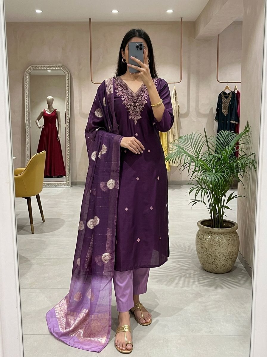 Elegant Roman Silk Kurta 3-Piece Set