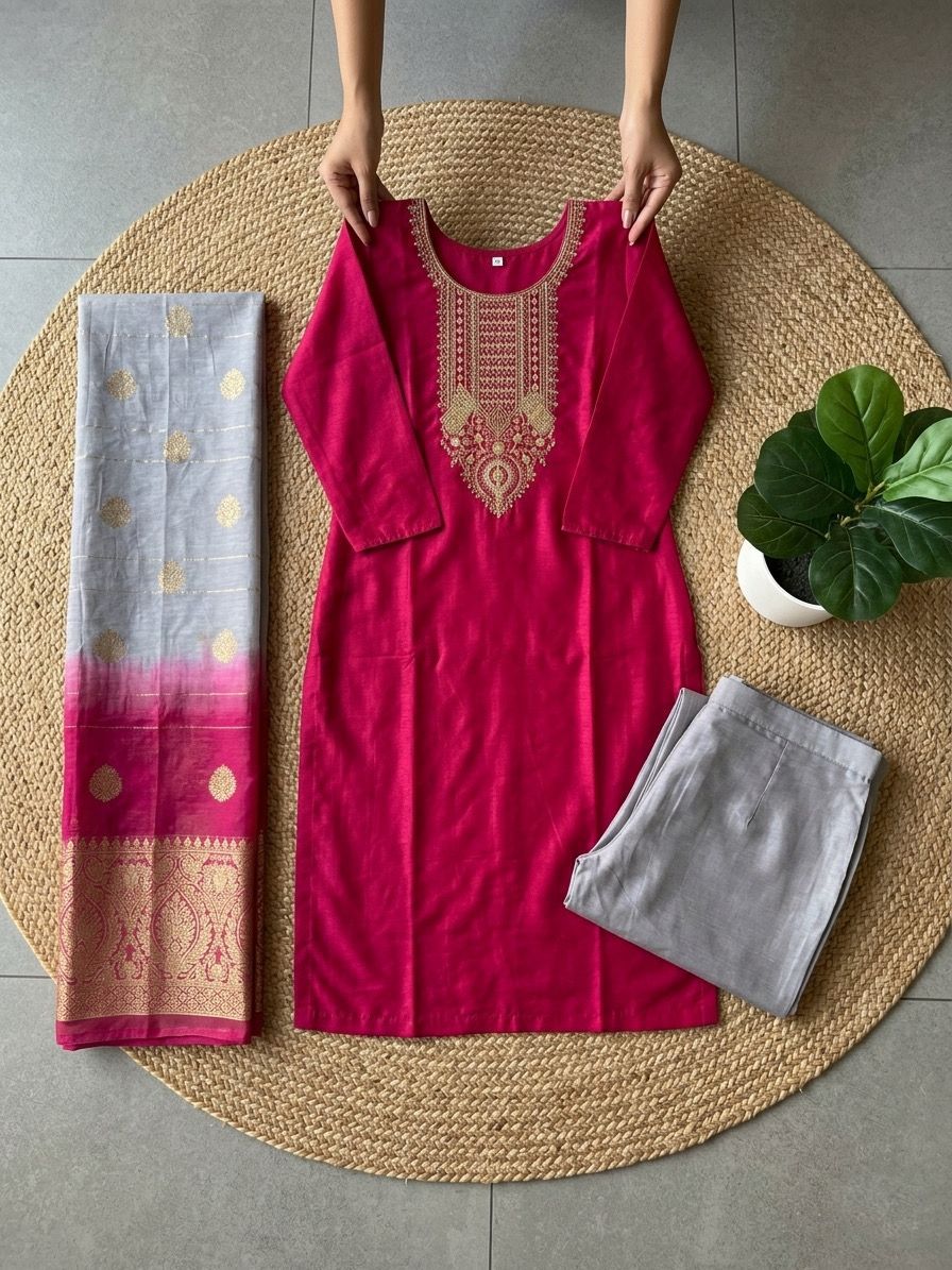 Elegant Roman Silk Kurta 3-Piece Set