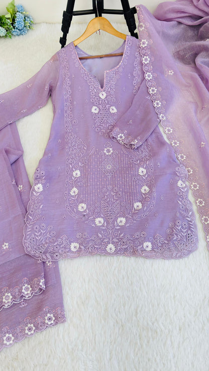 Elegant Silk Palazzo Set in Purple And White