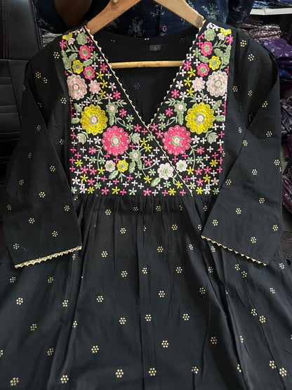 Elegant Embroidered A-line Cotton Kurta Set