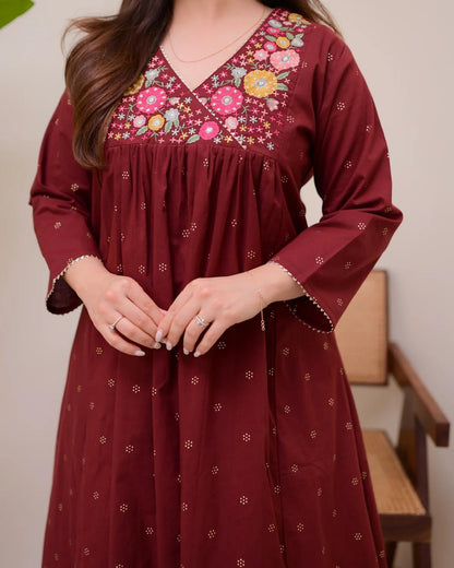 Elegant Embroidered A-line Cotton Kurta Set