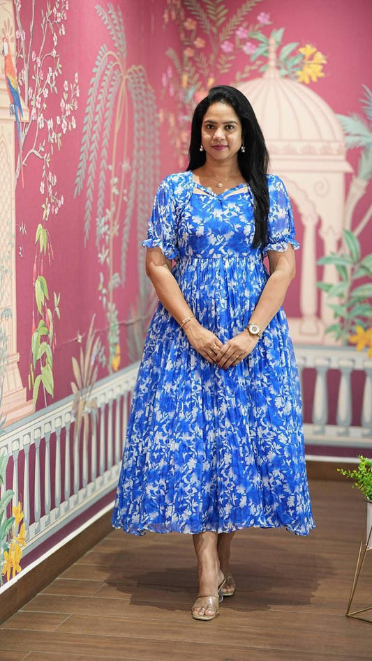 Stylish Blue Floral Print Dress
