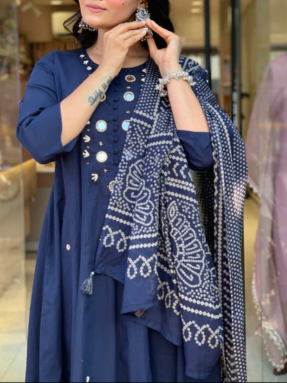Elegant Blue Mirror Detailing Cotton Kurta Set