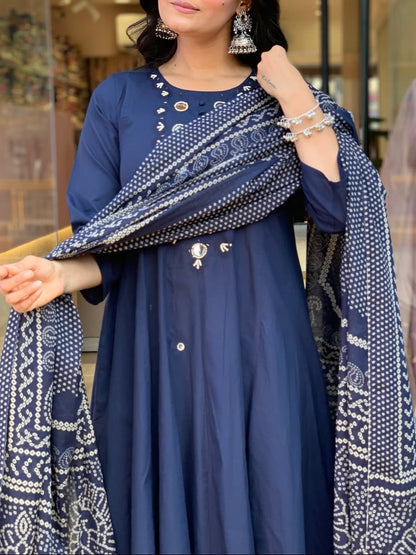 Elegant Blue Mirror Detailing Cotton Kurta Set