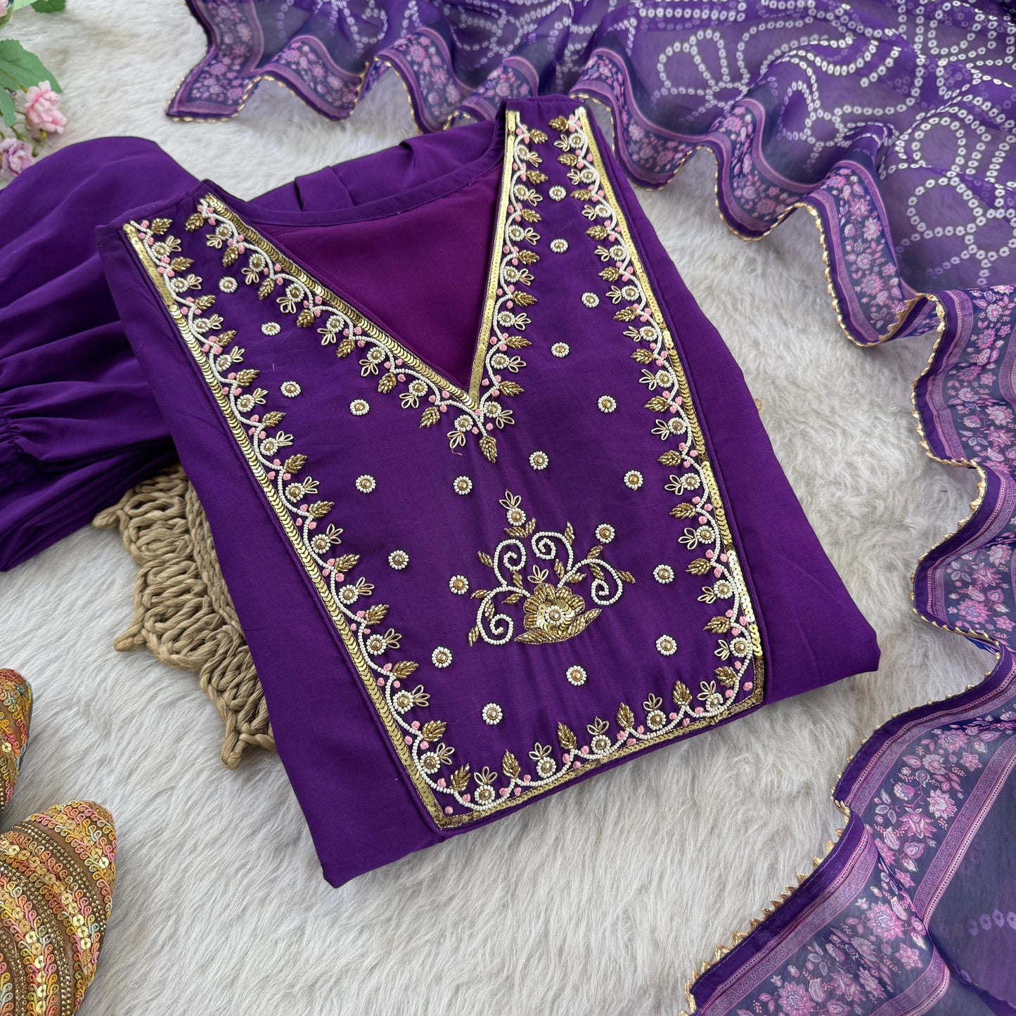 Elegant Chanderi Party Wear 3-Piece Gown Set