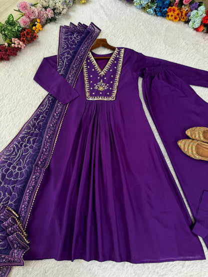 Elegant Chanderi Party Wear 3-Piece Gown Set
