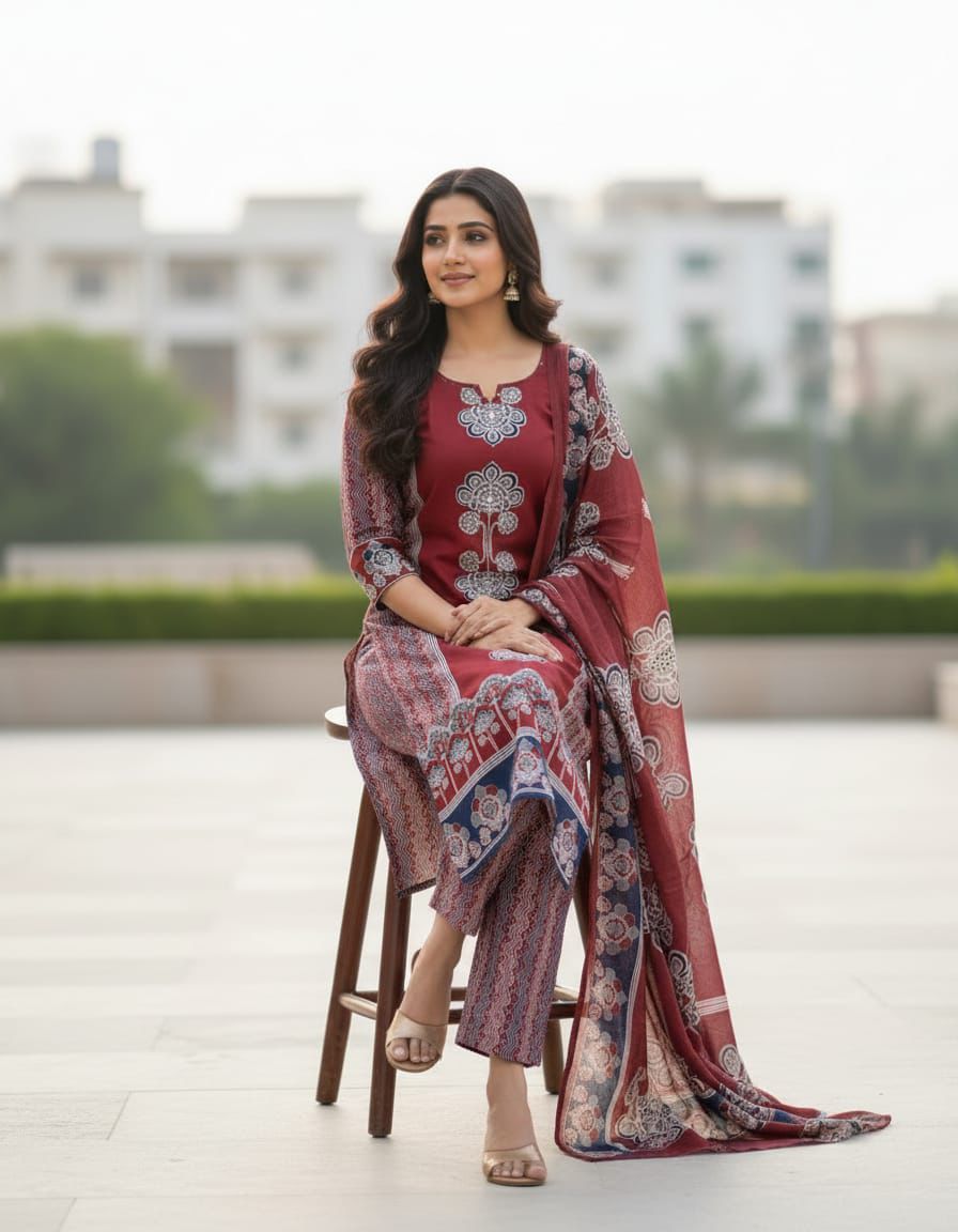 Elegant Panel Print 3-Piece Cotton Kurta Set
